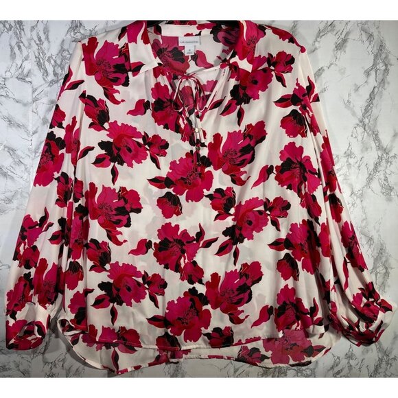 Liz Claiborne Tops - Liz Claiborne Womens Floral Print Blouse 1X Long Sleeve Pink Black Red Polyester